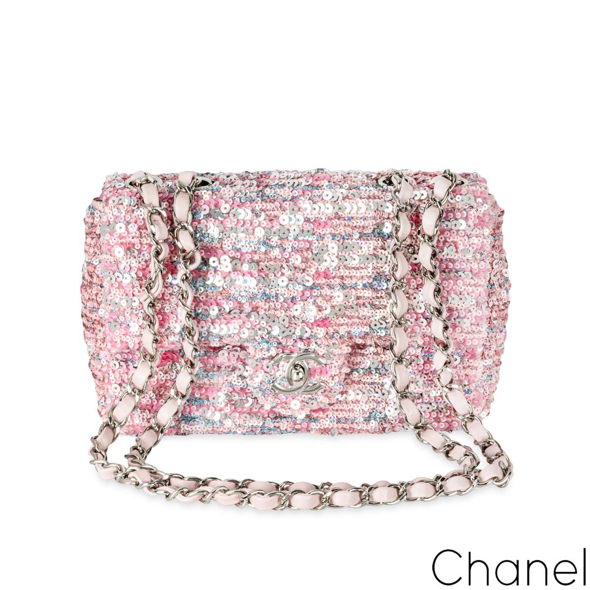 Chanel Pink & Silver Sequin Single Flap Silver Tone Hardware Bag Chanel Pink & Silver Sequin Single Flap Silver Tone Hardware Bag